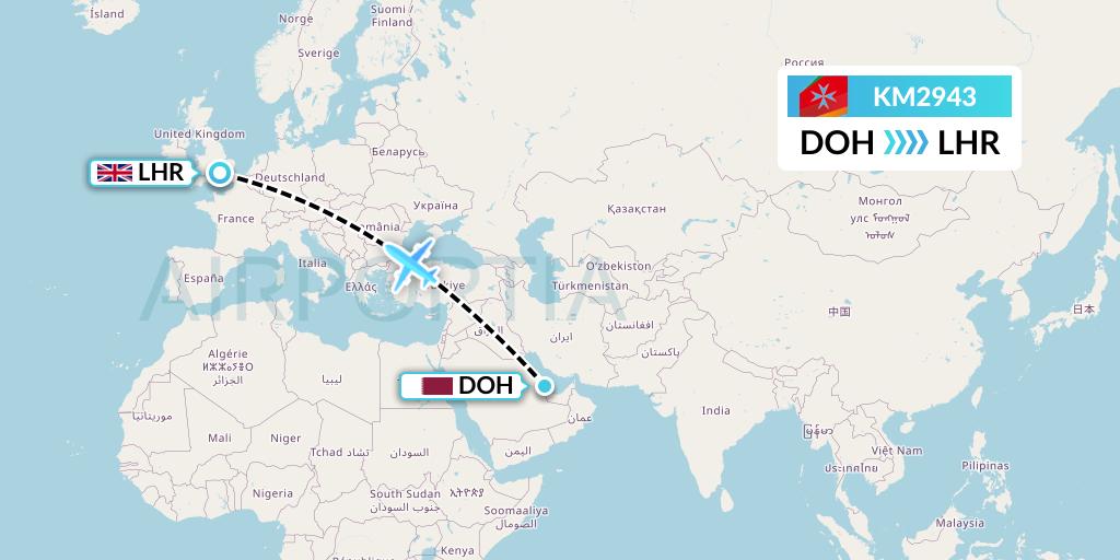 KM2943 Air Malta Flight Map: Doha to London