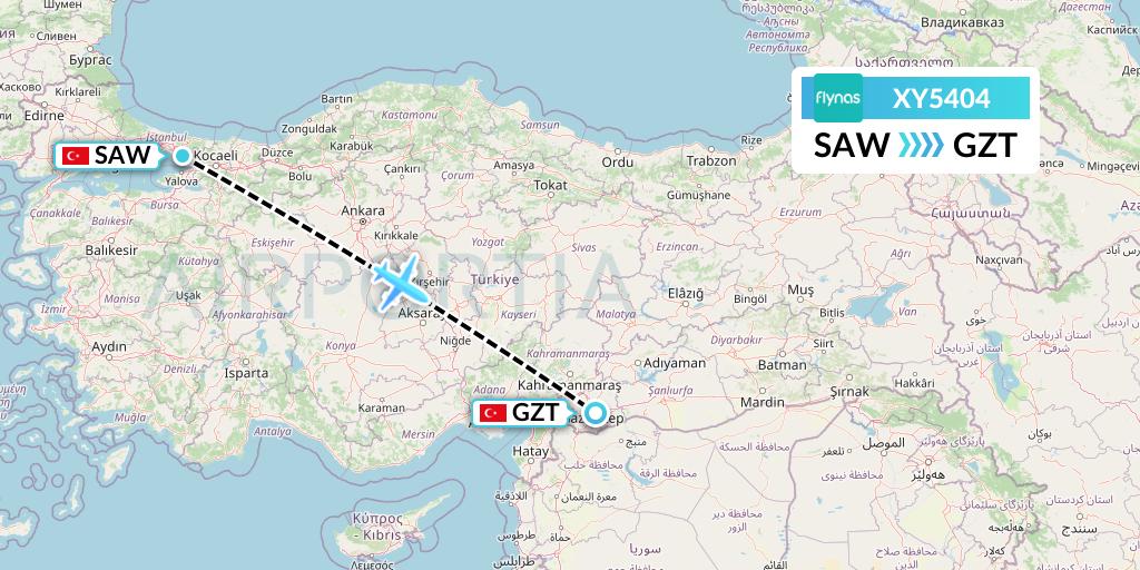 XY5404 Flynas Flight Map: Istanbul to Gaziantep