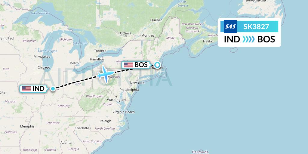 SK3827 SAS Flight Map: Indianapolis to Boston