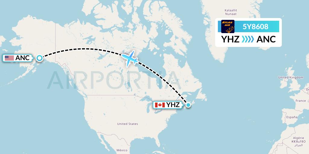 5Y8608 Atlas Air Flight Map: Halifax to Anchorage