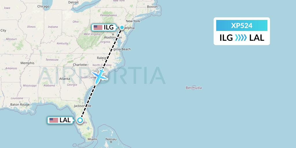 XP524 Avelo Airlines Flight Map: Wilmington to Lakeland