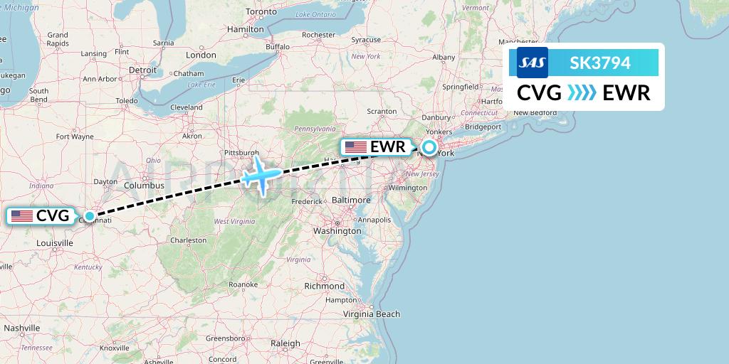 SK3794 SAS Flight Map: Cincinnati to New York