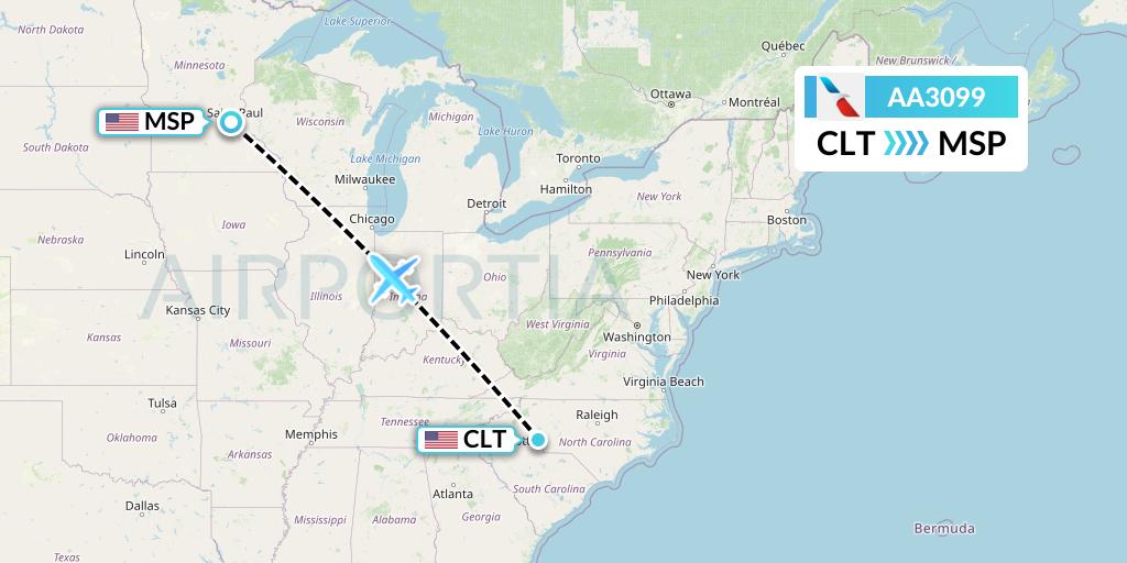 AA3099 American Airlines Flight Map: Charlotte to Minneapolis