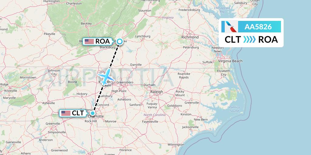 AA5826 American Airlines Flight Map: Charlotte to Roanoke