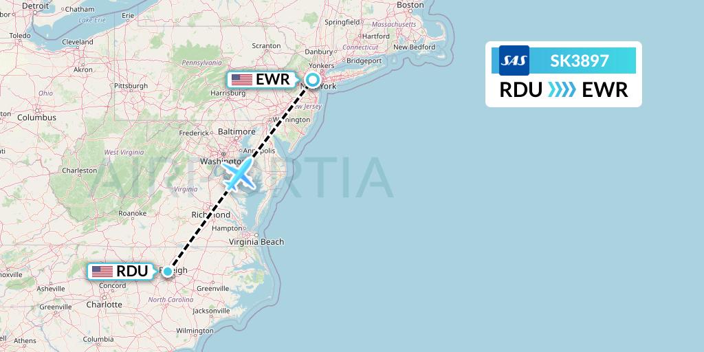 SK3897 SAS Flight Map: Raleigh-Durham to New York