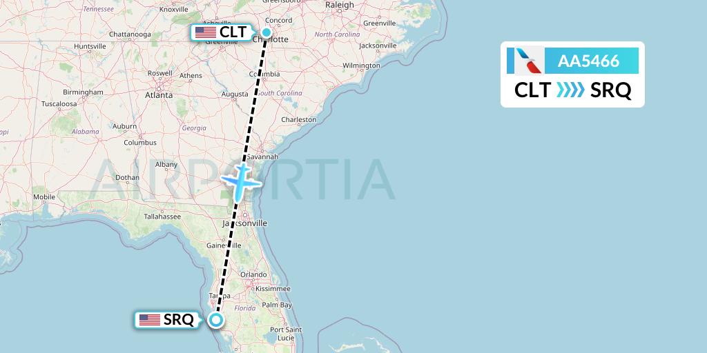 AA5466 American Airlines Flight Map: Charlotte to Sarasota