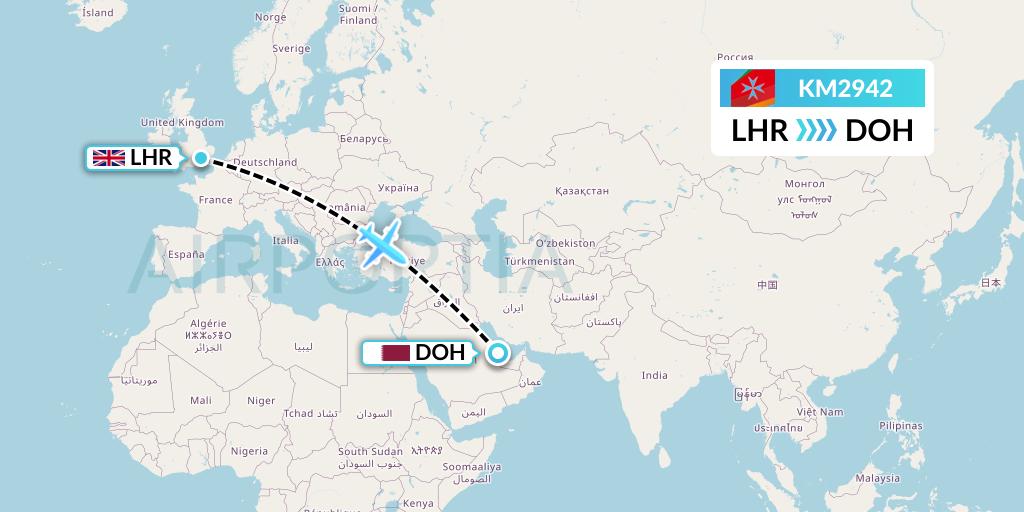 KM2942 Air Malta Flight Map: London to Doha
