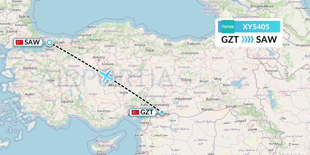 XY5405 Flynas Flight Map: Gaziantep to Istanbul