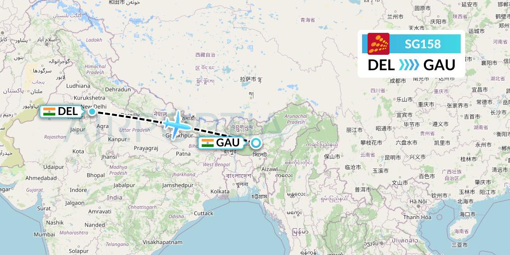 SG158 SpiceJet Flight Map: Delhi to Guwahati