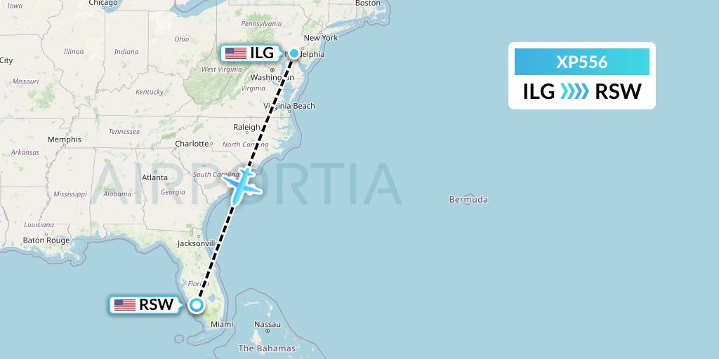 XP556 Avelo Airlines Flight Map: Wilmington to Fort Myers