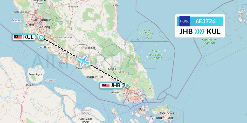 6E3726 IndiGo Airlines Flight Map: Johor Bahru to Kuala Lumpur