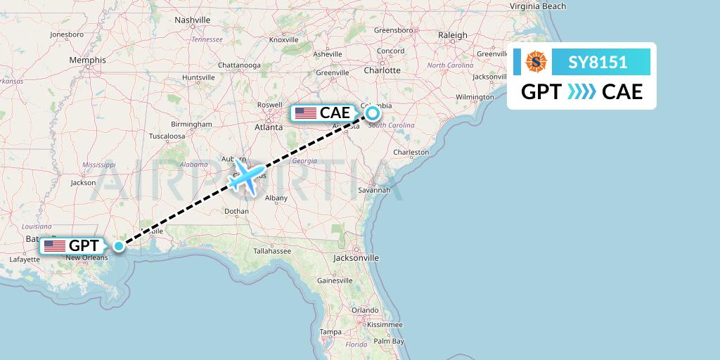 SY8151 Sun Country Airlines Flight Map: Gulfport to Columbia