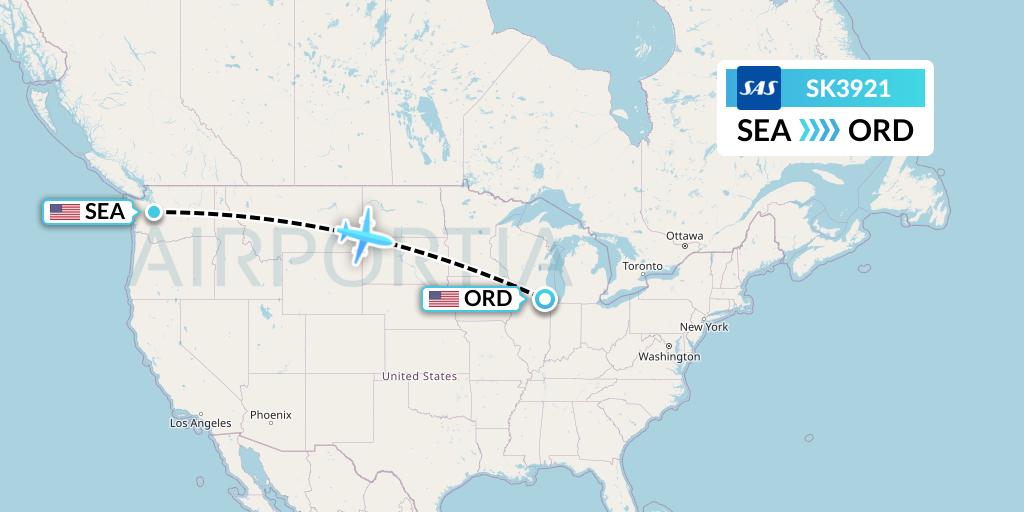 SK3921 SAS Flight Map: Seattle to Chicago