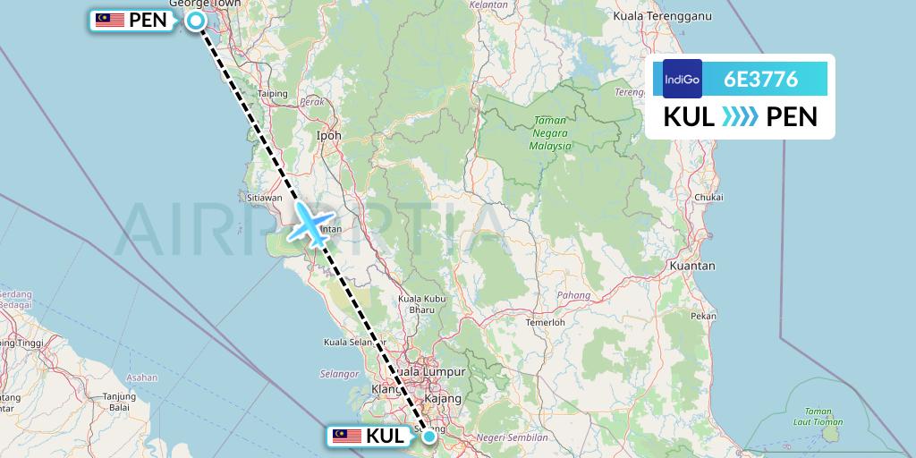 6E3776 IndiGo Airlines Flight Map: Kuala Lumpur to Penang