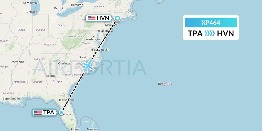 XP464 Avelo Airlines Flight Map: Tampa to New Haven