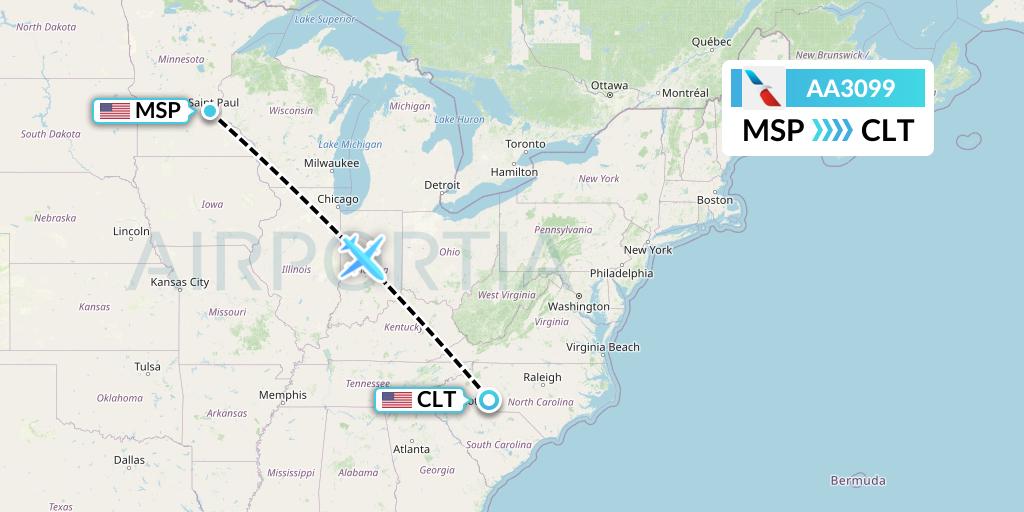 AA3099 American Airlines Flight Map: Minneapolis to Charlotte