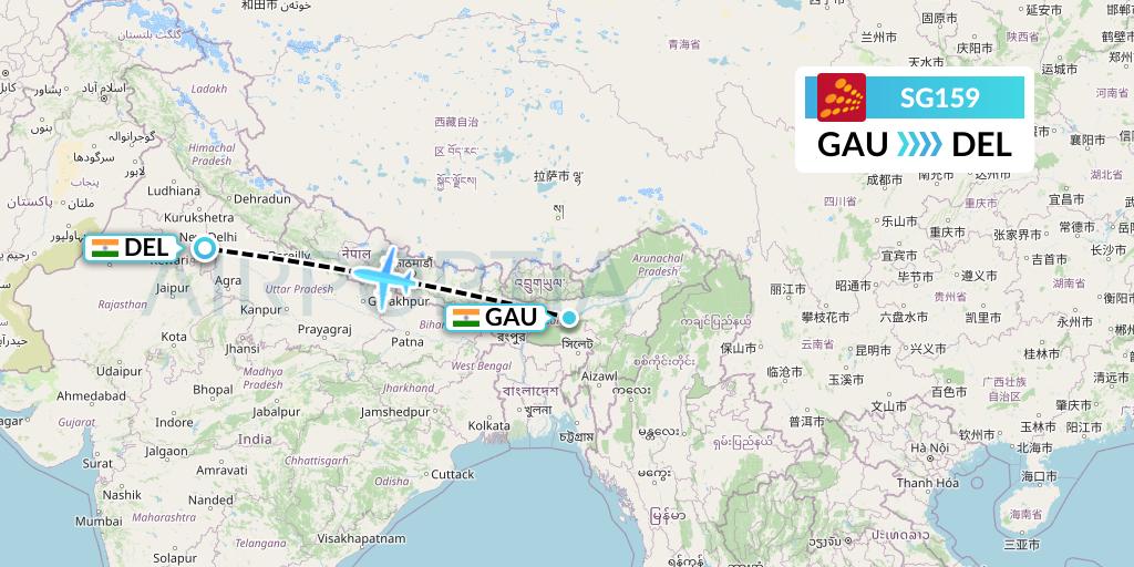 SG159 SpiceJet Flight Map: Guwahati to Delhi