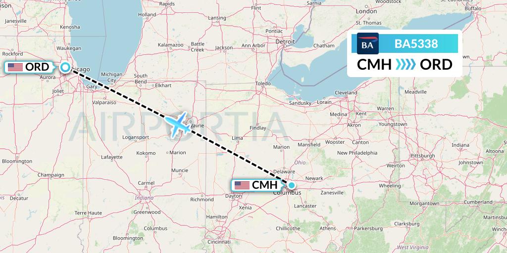 BA5338 British Airways Flight Map: Columbus to Chicago