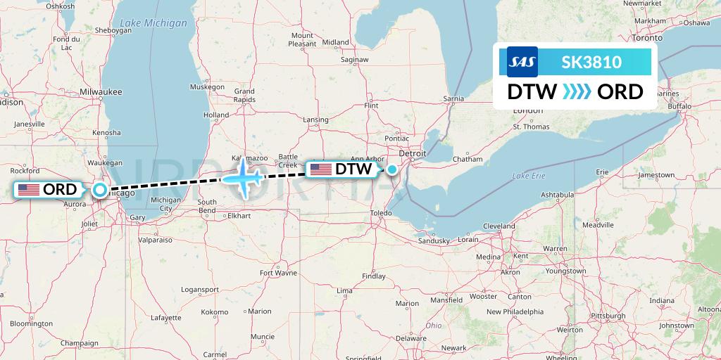 SK3810 SAS Flight Map: Detroit to Chicago