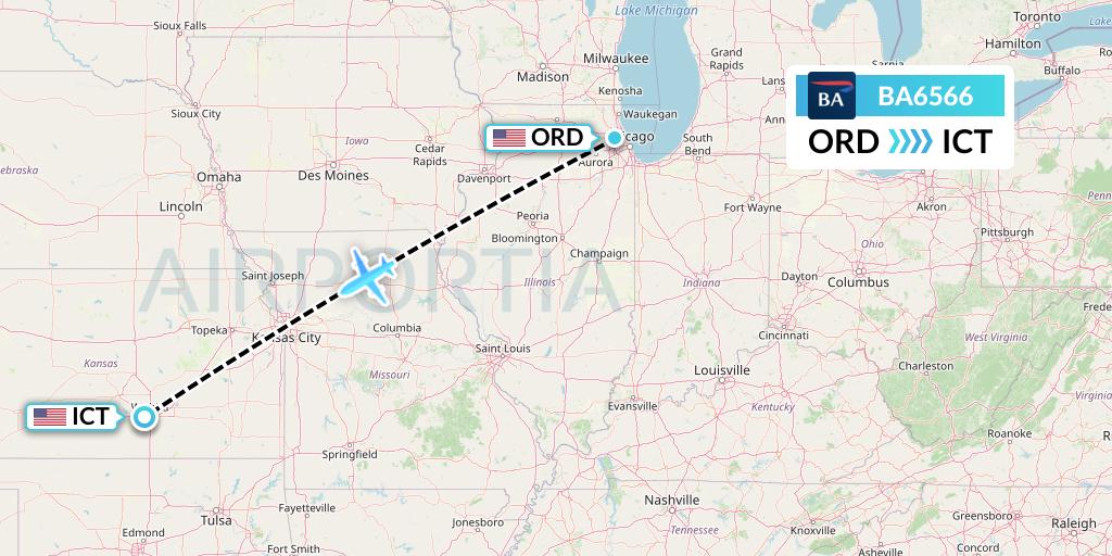 BA6566 British Airways Flight Map: Chicago to Wichita