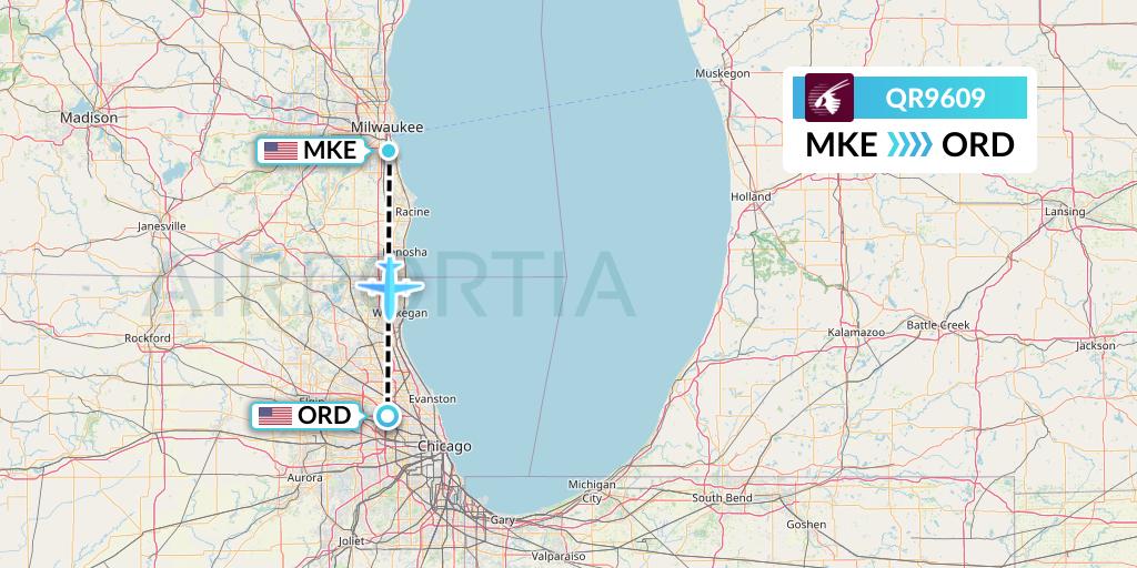 QR9609 Qatar Airways Flight Map: Milwaukee to Chicago