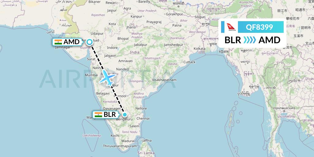 QF8399 Qantas Flight Map: Bangalore to Ahmedabad