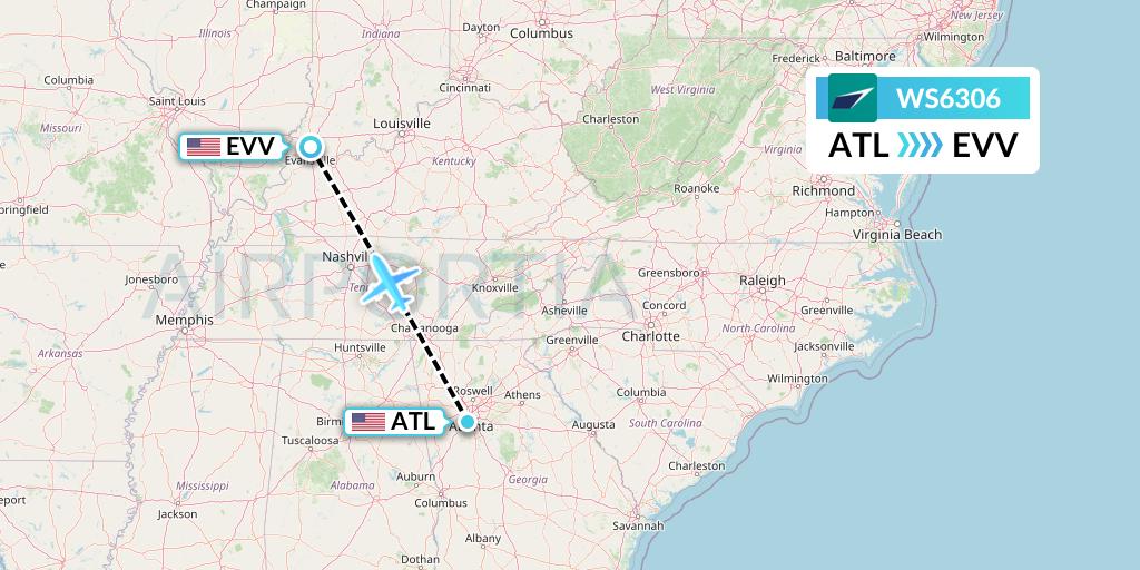 WS6306 WestJet Flight Map: Atlanta to Evansville