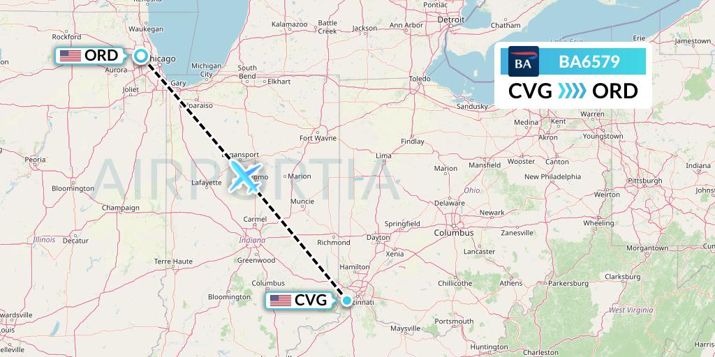 BA6579 British Airways Flight Map: Cincinnati to Chicago
