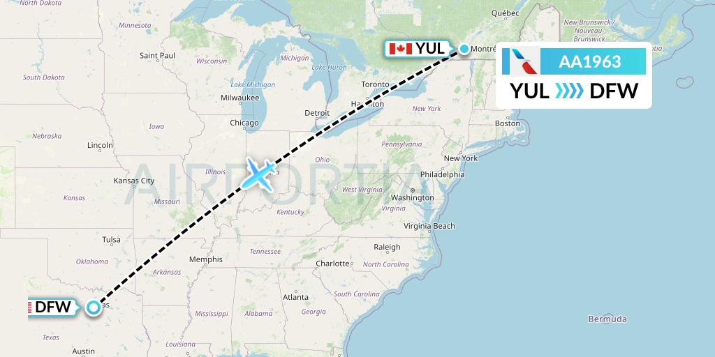 AA1963 American Airlines Flight Map: Montreal to Dallas