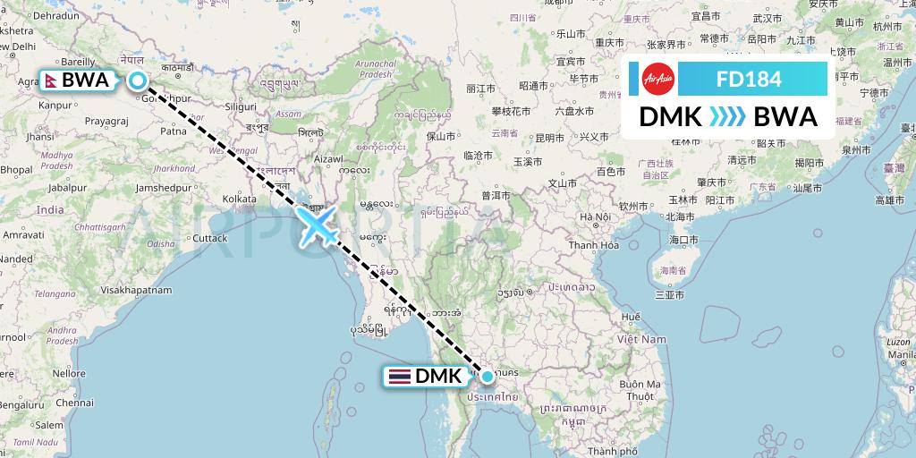 FD184 Thai AirAsia Flight Map: Bangkok to Bhairawa