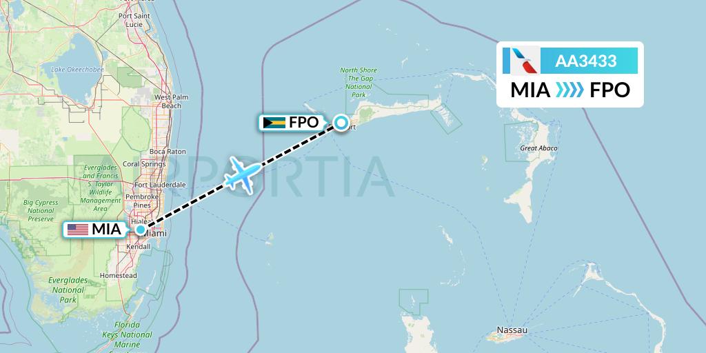 AA3433 American Airlines Flight Map: Miami to Freeport