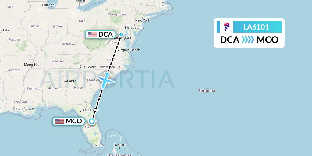 LA6101 LAN Airlines Flight Map: Washington to Orlando