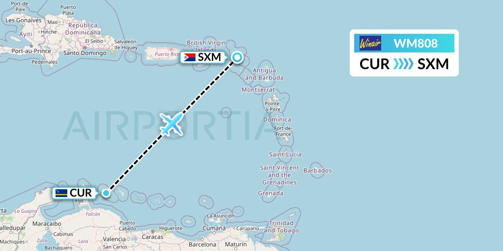 WM808 Winair Flight Map: Willemstad to Sint Maarten