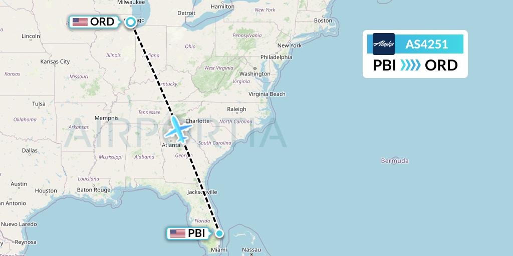 AS4251 Alaska Airlines Flight Map: West Palm Beach to Chicago