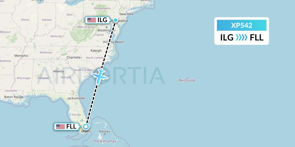 XP542 Avelo Airlines Flight Map: Wilmington to Fort Lauderdale