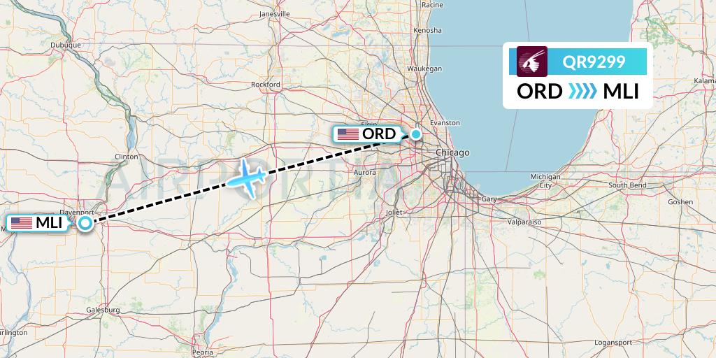 QR9299 Qatar Airways Flight Map: Chicago to Moline
