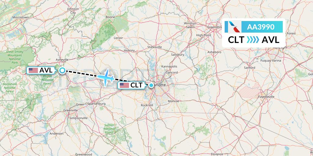 AA3990 American Airlines Flight Map: Charlotte to Asheville