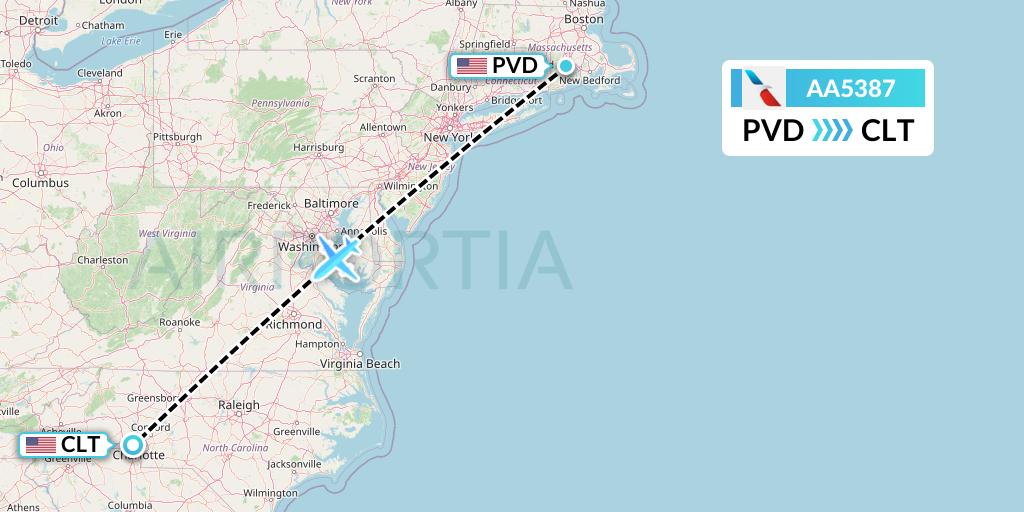 AA5387 American Airlines Flight Map: Providence to Charlotte