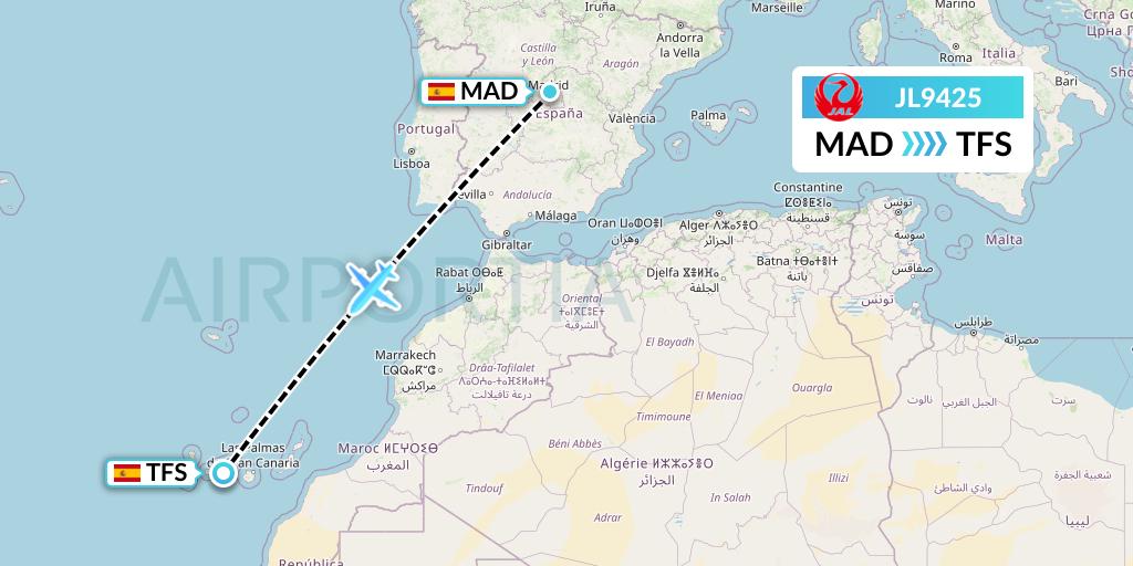 JL9425 Japan Airlines Flight Map: Madrid to Tenerife