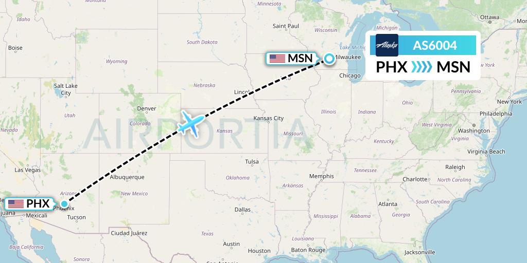 AS6004 Alaska Airlines Flight Map: Phoenix to Madison