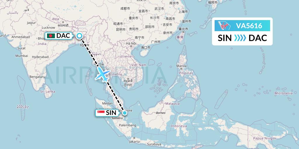 VA5616 Virgin Australia Flight Map: Singapore to Dhaka