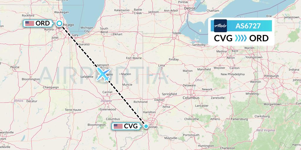 AS6727 Alaska Airlines Flight Map: Cincinnati to Chicago