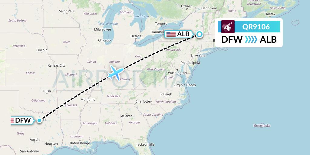 QR9106 Qatar Airways Flight Map: Dallas to Albany