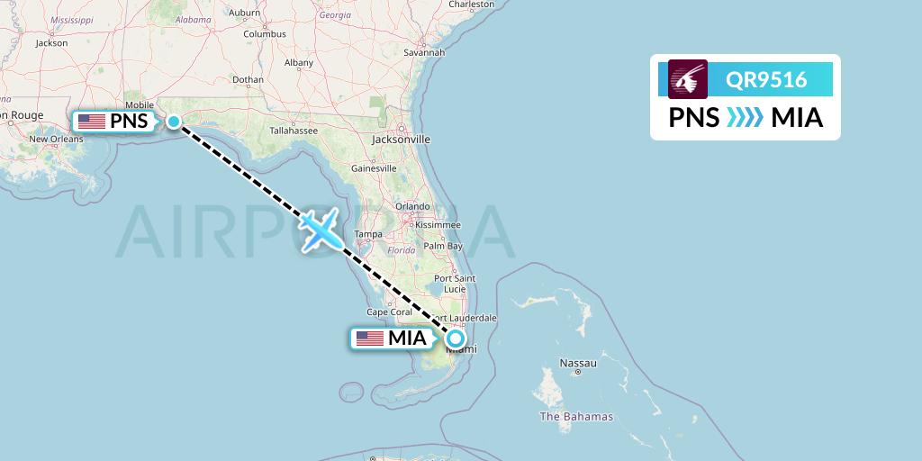 QR9516 Qatar Airways Flight Map: Pensacola to Miami