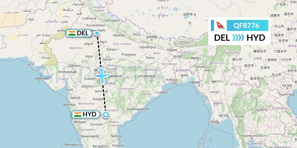 QF8776 Qantas Flight Map: Delhi to Hyderabad