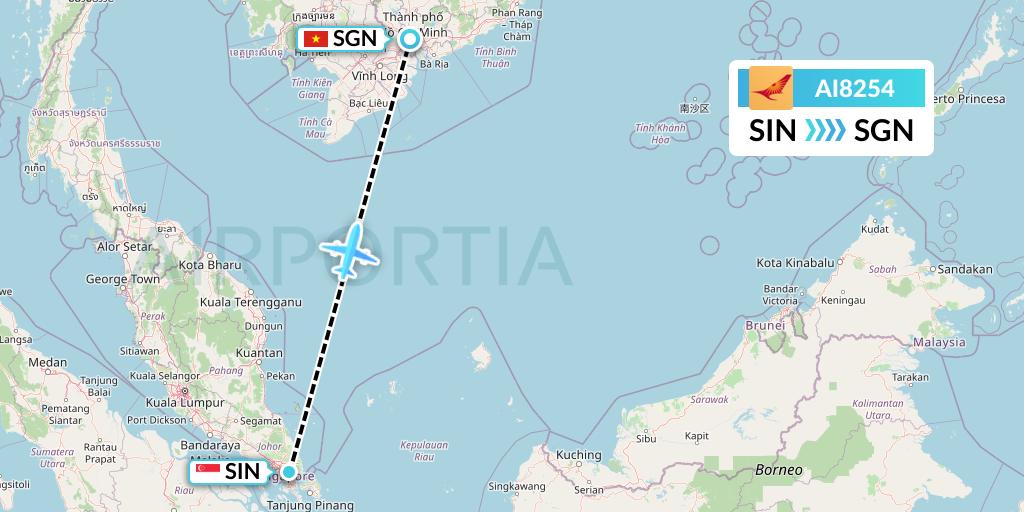 AI8254 Air India Flight Map: Singapore to Ho Chi Minh City