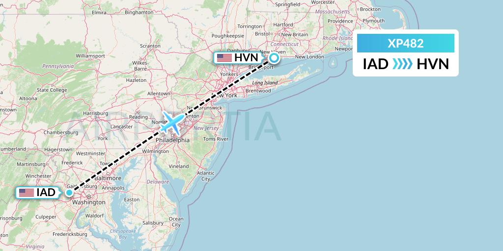XP482 Avelo Airlines Flight Map: Washington to New Haven