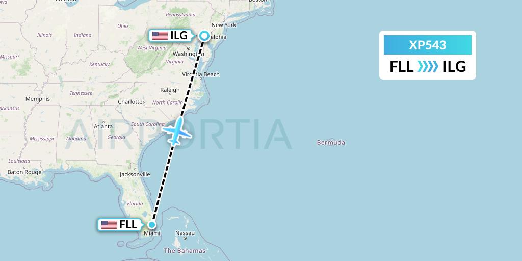 XP543 Avelo Airlines Flight Map: Fort Lauderdale to Wilmington