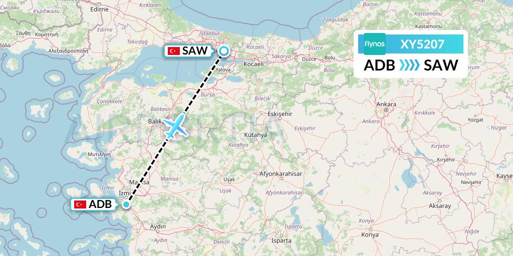 XY5207 Flynas Flight Map: Izmir to Istanbul