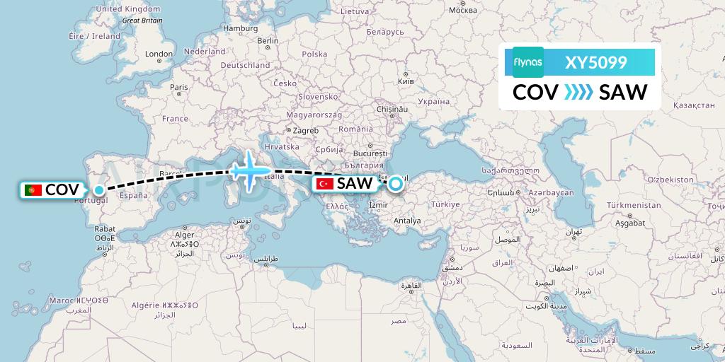 XY5099 Flynas Flight Map: Portugal to Istanbul